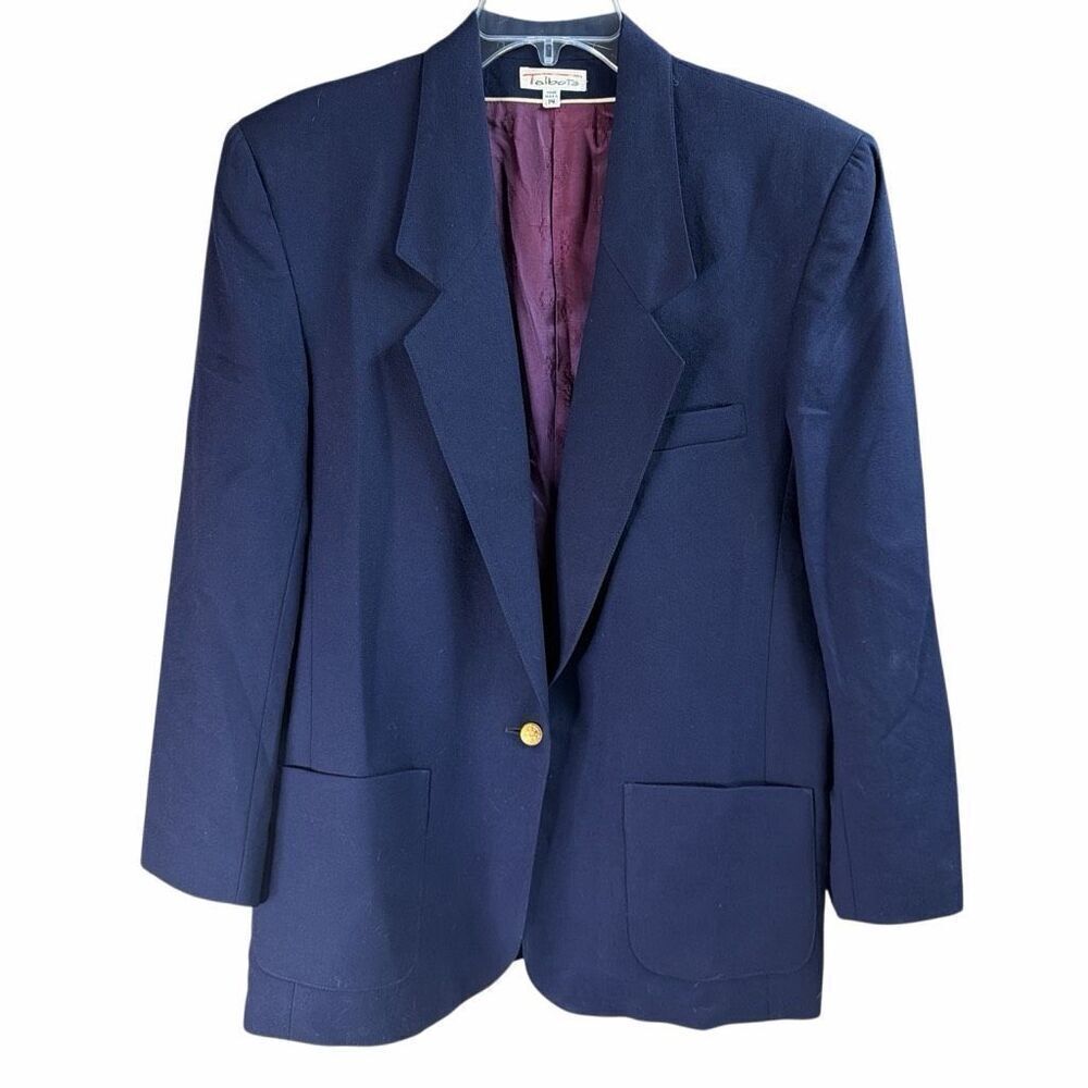 TALBOTS Vintage Womens Navy Blue Wool Lined Blazer Jacket Size 14 Gold Buttons